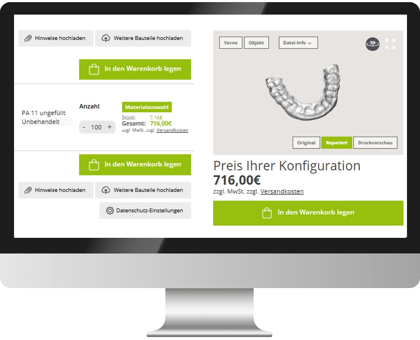 PC-Bildschirm, auf dem man den PROTIQ-Konfigurator mit einem Zahnschienenmodell sieht